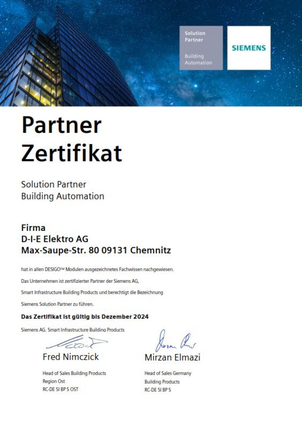 Partner-Zertifikat der FEA Chemnitz für professionelle Gebäudeautomation und Systemintegration.